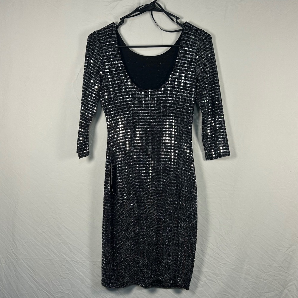 BCX Sequin Bodycon Dress Womens Small Black Silver Sparkle 3/4 Sleeve 1113M83